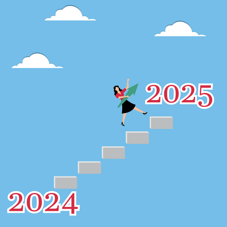 Frau mit Pfeil springt von 2024 nach 2025  Illustration