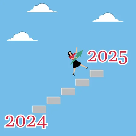 Frau mit Pfeil springt von 2024 nach 2025  Illustration