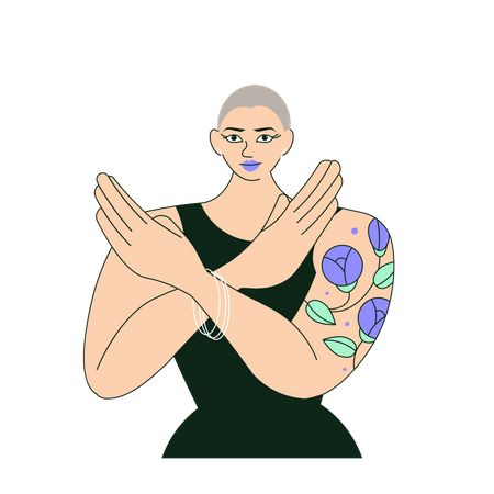 Frau mit rasiertem Kopf und Tattoo gestikuliert Break The Bias  Illustration