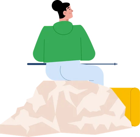 Frau mit Rucksack sitzt auf dem Berg und blickt auf die Aussicht  Illustration