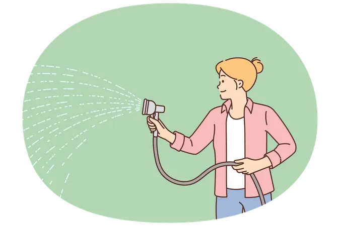 Frau mit Schlauch bewässert Rasen mit Gras, das im Hinterhof Grasnarbe pflegt, um ein Austrocknen der Pflanzen zu vermeiden  Illustration