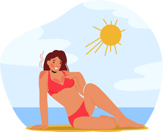 Frau mit Schmerzen und Sonnenbrand auf der Haut am Strand  Illustration