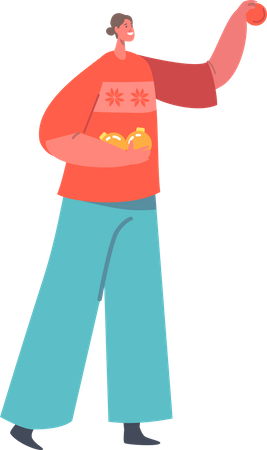 Frau mit Spielzeug für die Dekoration Tannenbaum  Illustration