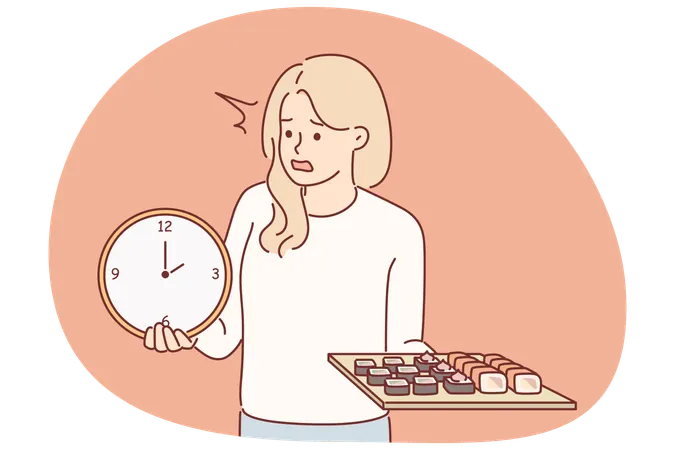 Frau mit Sushi-Rollen und stundenlang nervös wegen der langen Lieferzeit vom japanischen Restaurant  Illustration