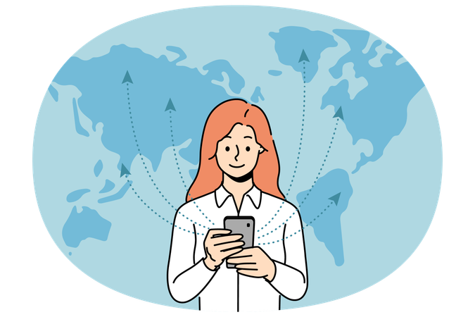 Frau mit Telefon nutzt 5G-Technologie, steht in der Nähe einer Weltkarte und tauscht Informationen im Netzwerk aus  Illustration