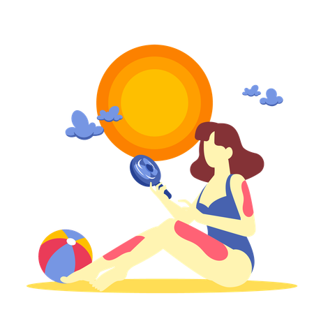 Frau mit Ventilator am Strand  Illustration