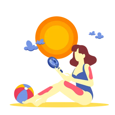 Frau mit Ventilator am Strand  Illustration