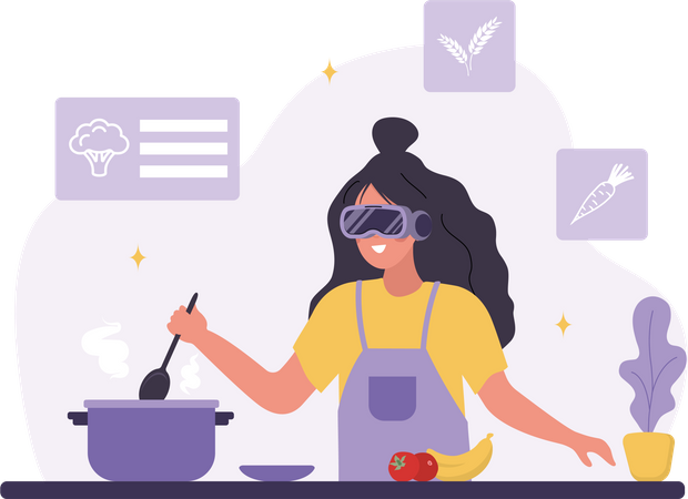 Frau mit VR-Brille kocht im Metaversum  Illustration