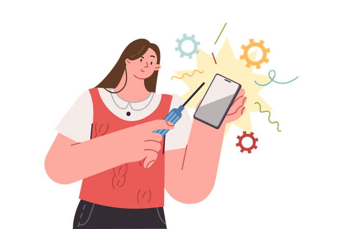 Frau, Mobilentwicklerin, entwirft neues Smartphone-Modell  Illustration