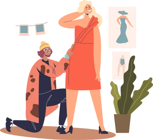 Frau Modedesignerin passt Kleid auf Client  Illustration