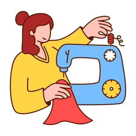 Frau näht Kleidung mit Nähmaschine  Illustration