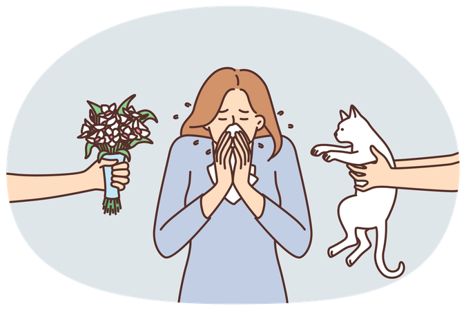 Frau niest oder bekommt Rheuma aufgrund einer allergischen Reaktion auf Katzen oder Blumen  Illustration