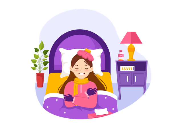 Frau niest und liegt zu Hause im Bett  Illustration