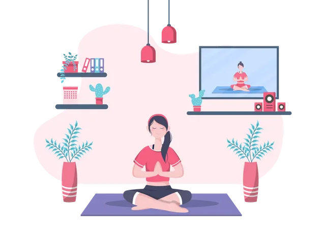 Frau erhält Online-Yoga- und Meditationsunterricht  Illustration