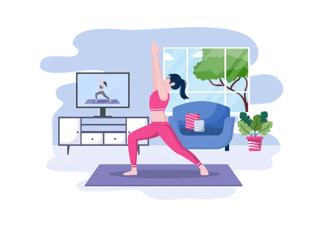 Frau erhält Online-Yoga- und Meditationsunterricht  Illustration