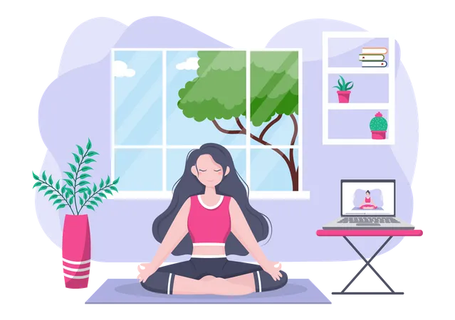 Frau erhält Online-Yoga- und Meditationsunterricht  Illustration