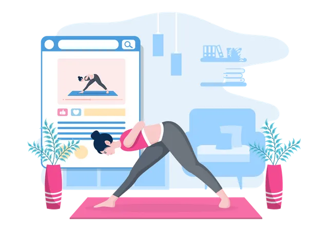 Frau erhält Online-Yoga- und Meditationsunterricht  Illustration