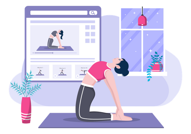 Frau erhält Online-Yoga- und Meditationsunterricht  Illustration