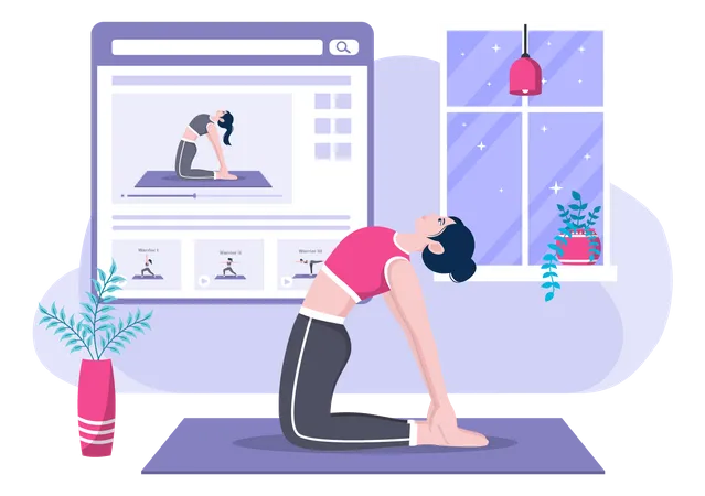 Frau erhält Online-Yoga- und Meditationsunterricht  Illustration