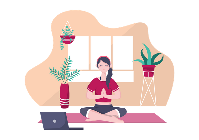 Frau nimmt an Online-Yoga- und Meditationskursen teil  Illustration