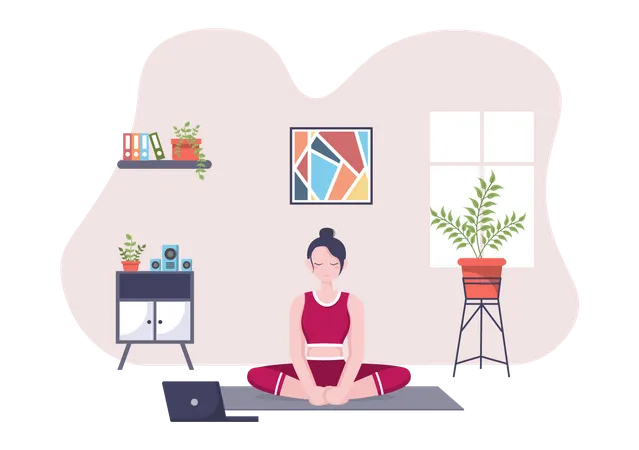 Frau nimmt an Online-Yoga- und Meditationskursen teil  Illustration