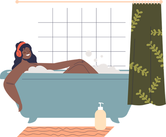 Frau nimmt ein Bad und hört Musik  Illustration