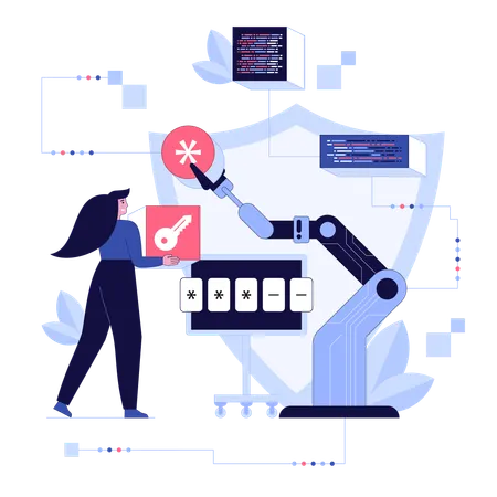 Frau greift bei Datensicherheit auf Roboter zurück  Illustration