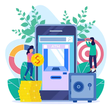 Frau nutzt Bankautomaten über Mobiltelefon  Illustration