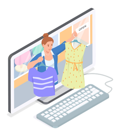 Frau nutzt Computer, um Kleid online zu verkaufen  Illustration