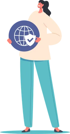 Weibliche Figur Mit Globus Symbol Mit Schild Begriff Des Online Virusschutzes Frau Schutzt Datenbank Vor Cyber Angriffsrisiko Antivirus Verteidigung Karikatur Leute Vektor Illustration Illustration