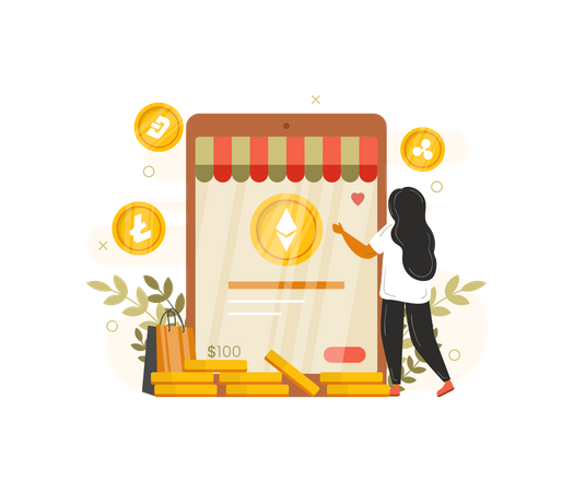 Frau nutzt Krypto-Marktplatz  Illustration