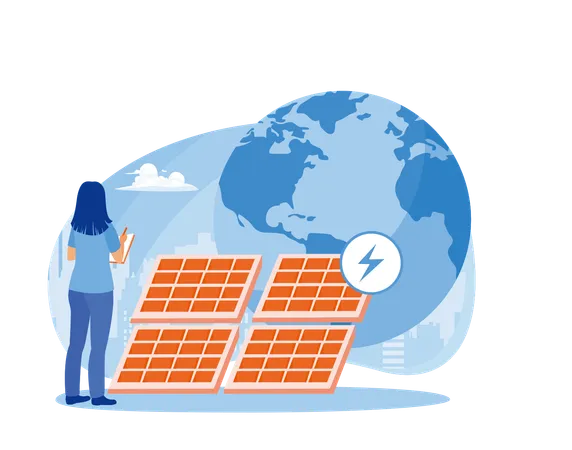 Frau nutzt Sonnenkollektoren als Ersatz für Elektrizität  Illustration