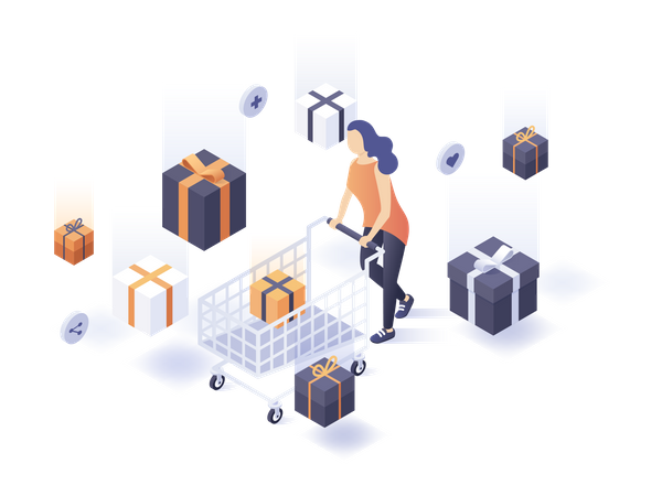 Frau oder Kunde mit Einkaufswagen, fallende Geschenkboxen  Illustration