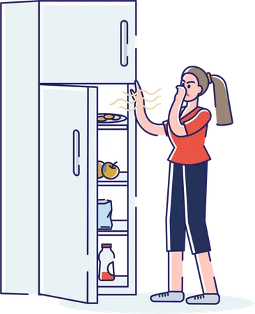 Frau öffnet Kühlschrank mit verdorbenen stinkenden Lebensmitteln und hält sich die Nase zu, um sich vor Gestank zu schützen  Illustration