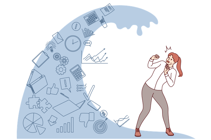 Frau, die Opfer einer Informationsüberflutung ist, steht unter einer Nachrichtenwelle, die zu einer Verletzung der Aufmerksamkeit führt  Illustration