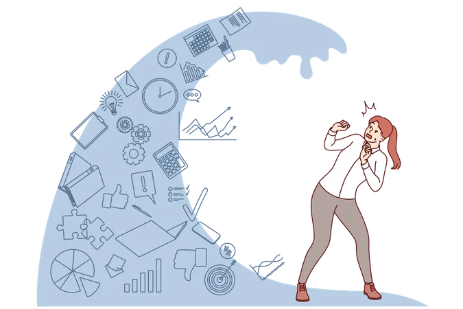 Frau, die Opfer einer Informationsüberflutung ist, steht unter einer Nachrichtenwelle, die zu einer Verletzung der Aufmerksamkeit führt  Illustration