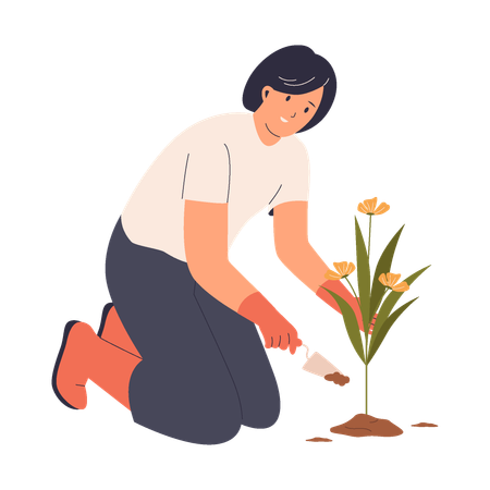 Frau pflanzt Blumen im Garten  Illustration