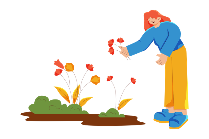 Frau pflückt Blumen im Frühling  Illustration