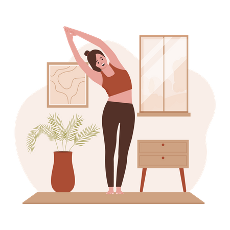 Frau praktiziert Yoga im Wohnzimmer  Illustration