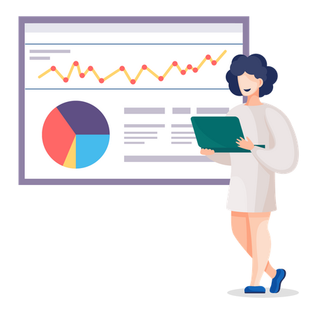 Frau präsentiert Business Analytics-Diagramm an Bord  Illustration