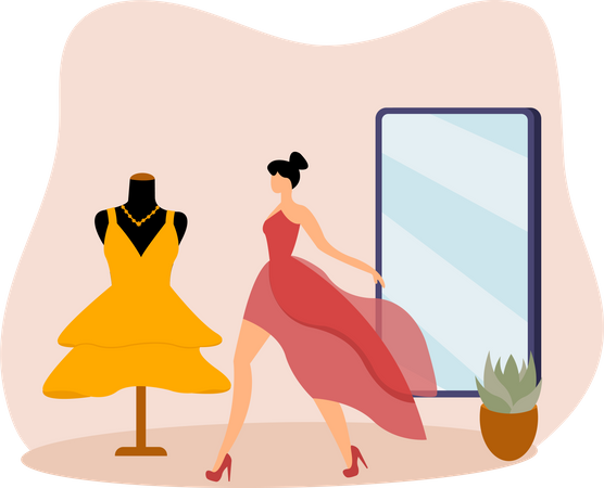 Frau probiert neues Kleid an  Illustration