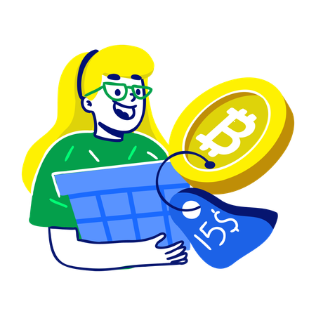 Frau überprüft Bitcoin-Preisschild  Illustration