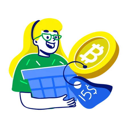 Frau überprüft Bitcoin-Preisschild  Illustration