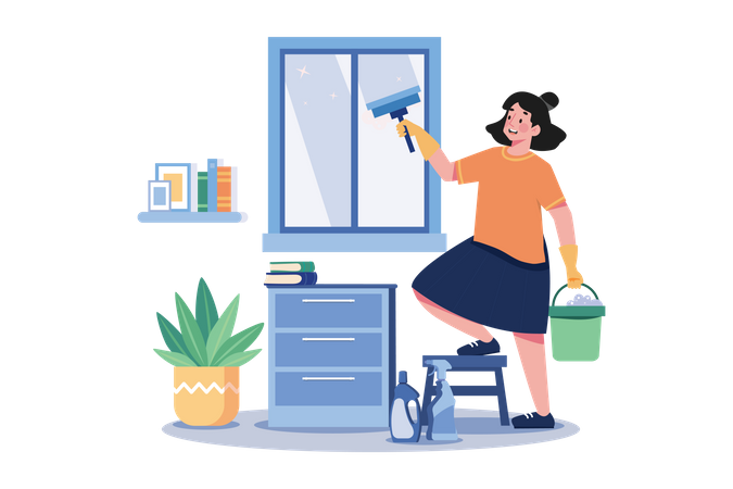 Frau beim Fensterputzen mit Reinigungsgeräten  Illustration