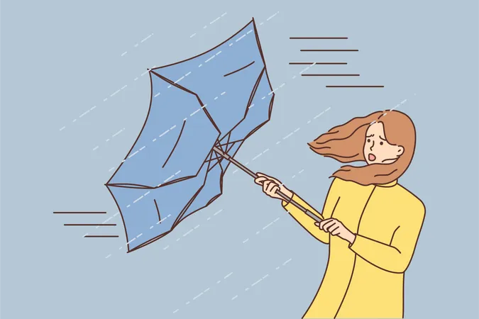 Frau Regenschirm vom Sturm weggeblasen  Illustration