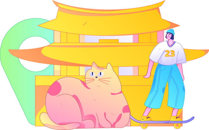 Frau reist mit Katze nach China  Illustration