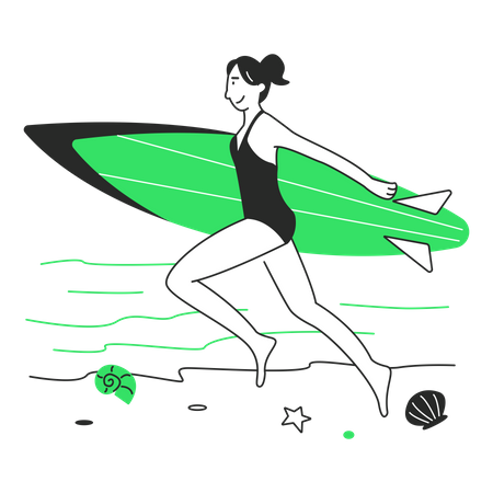 Frau läuft mit einem Surfbrett den Strand entlang  Illustration