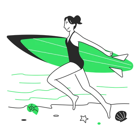 Frau läuft mit einem Surfbrett den Strand entlang  Illustration