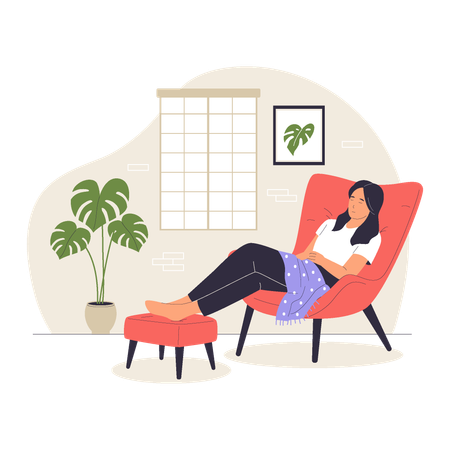 Frau ruht sich mit Decke auf einem gemütlichen Stuhl aus  Illustration