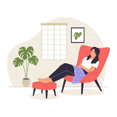 Frau ruht sich mit Decke auf einem gemütlichen Stuhl aus  Illustration